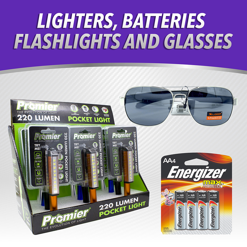 Lighters, Batteries, Flashlights and Glasses