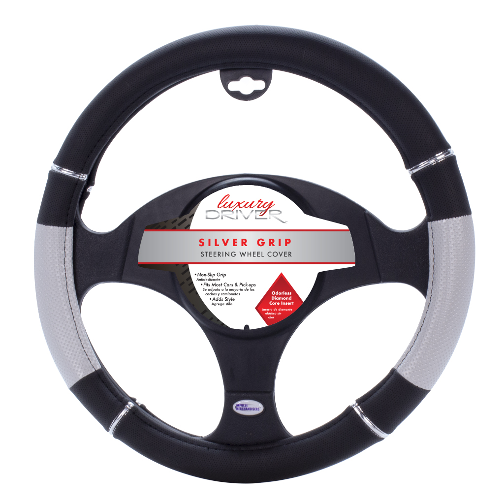 Luxury Driver Steering Wheel Cover - Silver Grip Black