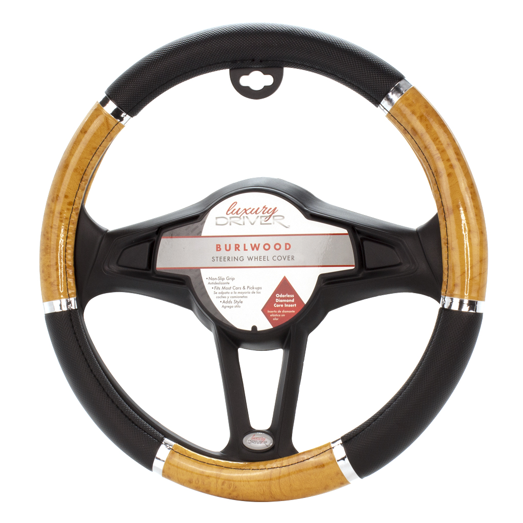 Luxury Driver Steering Wheel Cover - Wood Grip Tan and Black