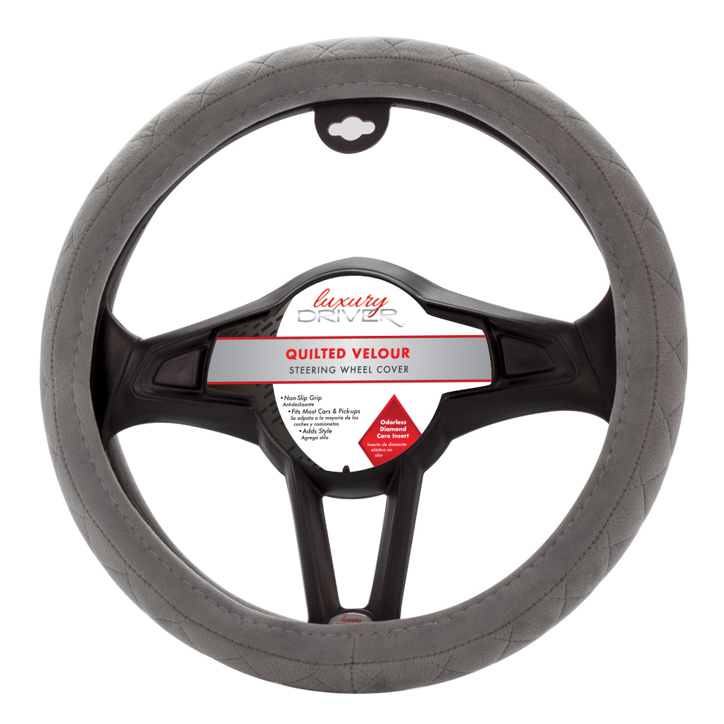 Luxury Driver Steering Wheel Cover - Quilted Velour Grey