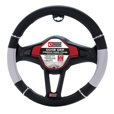 Luxury Driver Steering Wheel Cover - Silver Grip Black