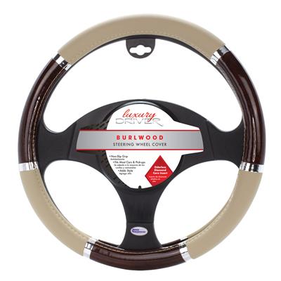 Luxury Driver Steering Wheel Cover - Wood Grip Beige and Burlwood