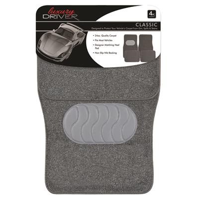 Classic 4 Piece Carpet Car Mat With Heel - Light Grey